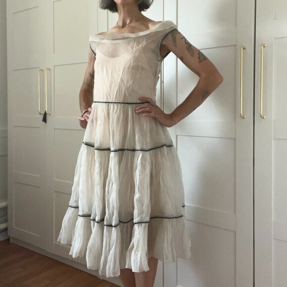 1950s Cream Crinkle Sheer Dress - Picture 3 of 11